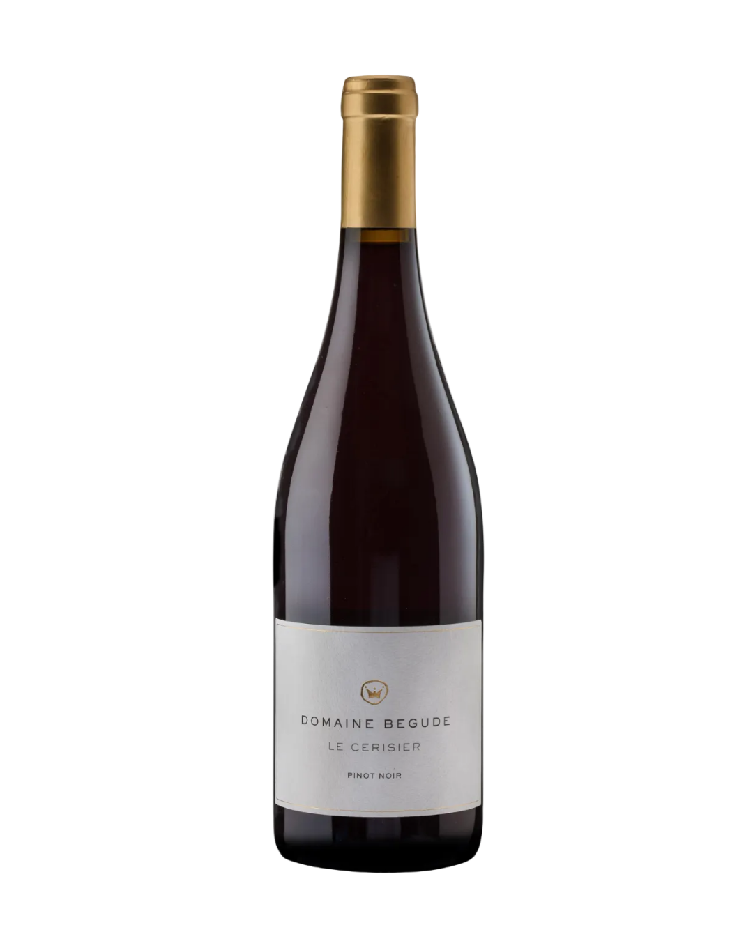 Wine bottle with gold cap and white label on a white background