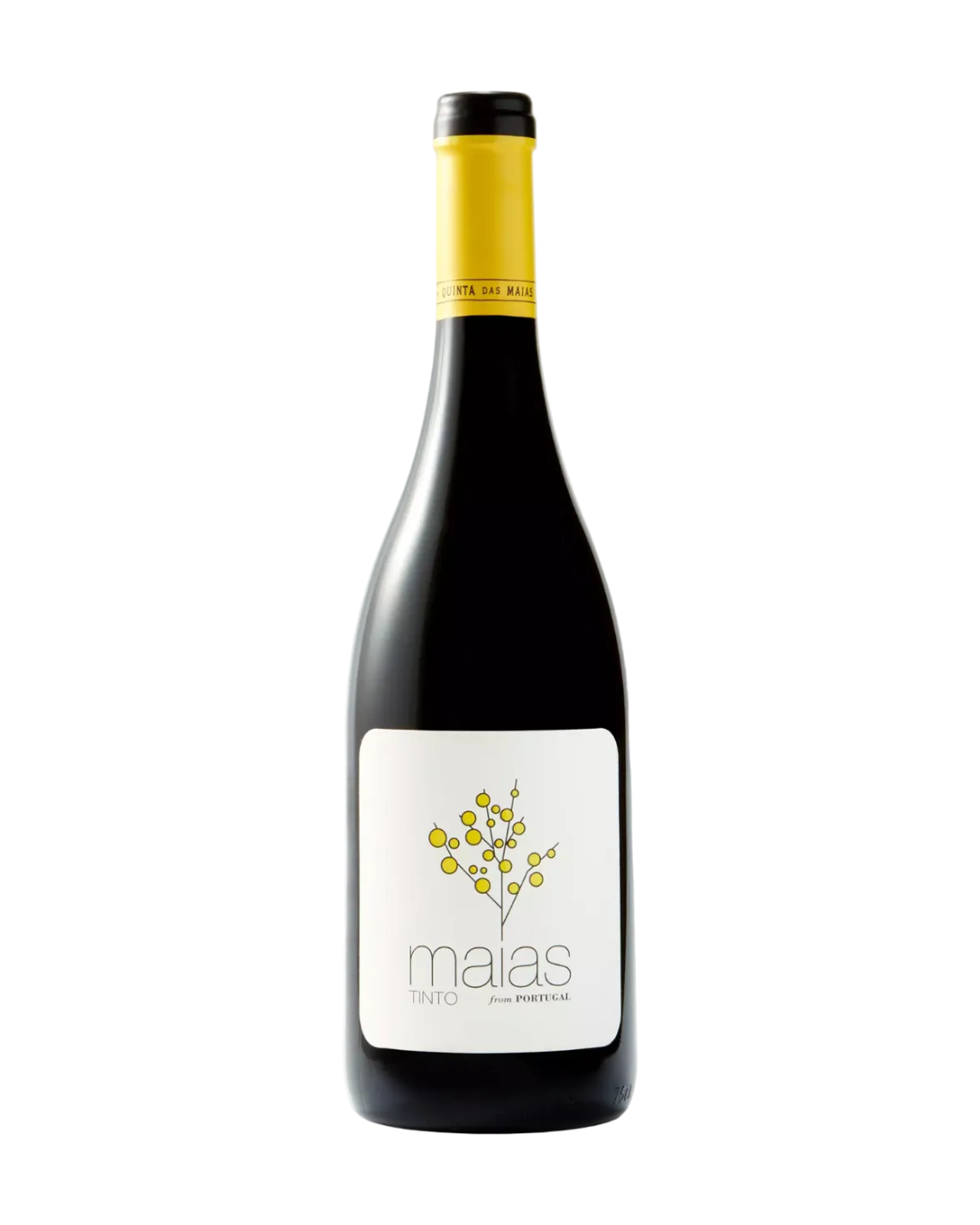 Wine bottle with yellow label and white label featuring a tree design on a white background